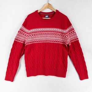 Lands' End Sweater Mens Medium Red White Wool Blend Cable Knit Nordic Pullover